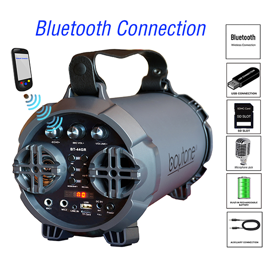 Boytone BT-44GR Portable Bluetooth Indoor/Outdoor 2.1 Hi-Fi Cylinder Loud Speaker Built-in 5" + 2 Boytone BT-44GR Portable Bluetooth Indoor/Outdoor 2.1 Hi-Fi Cylinder Loud Speaker Built-in 5" + 2