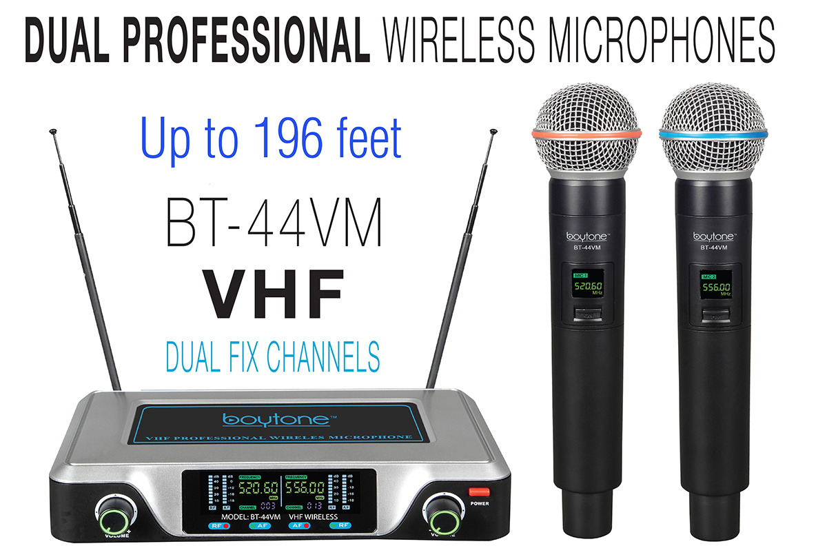 Boytone BT-44VM Dual Digital Channel Wireless Microphone System - VHF Fixed Frequency Wireless Mic Boytone BT-44VM Dual Digital Channel Wireless Microphone System - VHF Fixed Frequency Wireless Mic