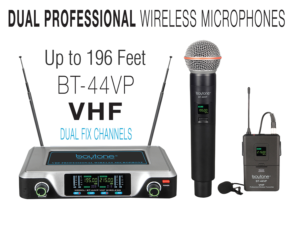 Boytone BT-44VP Dual Digital Channel Wireless Microphone plus Headset Mic Set System - VHF Fixed Frequency Boytone BT-44VP Dual Digital Channel Wireless Microphone plus Headset Mic Set System - VHF Fixed Frequency