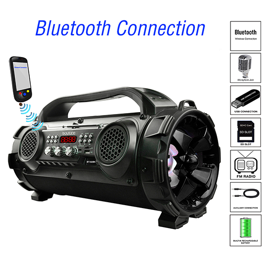 Boytone BT-50BK Portable Bluetooth Speaker, Indoor/Outdoor 2.1 Hi-Fi Cylinder Loud Sound Boytone BT-50BK Portable Bluetooth Speaker, Indoor/Outdoor 2.1 Hi-Fi Cylinder Loud Sound