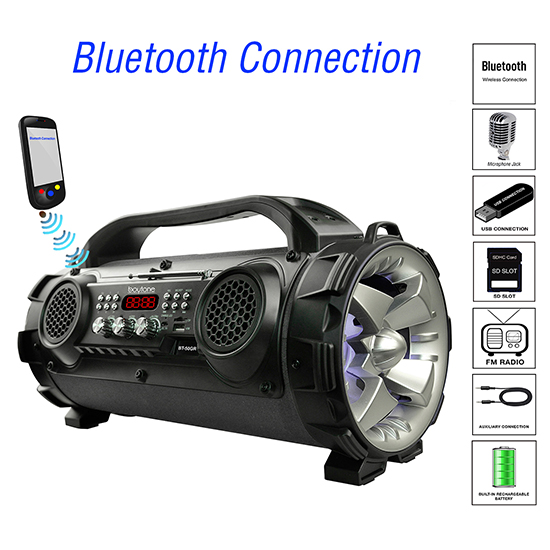 Boytone BT-50GR Portable Bluetooth Speaker, Indoor/Outdoor 2.1 Hi-Fi Cylinder Built-in 2 x 5 Subwoofer Boytone BT-50GR Portable Bluetooth Speaker, Indoor/Outdoor 2.1 Hi-Fi Cylinder Built-in 2 x 5 Subwoofer
