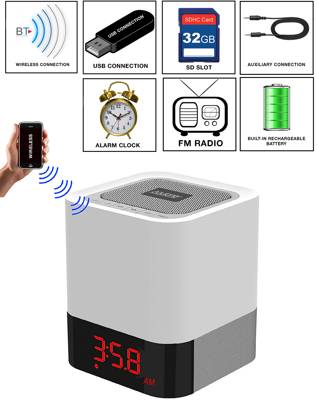 Boytone BT-83CR Portable FM Radio Alarm Clock Wireless Bluetooth 4.1 Speaker, 3-Way Boytone BT-83CR Portable FM Radio Alarm Clock Wireless Bluetooth 4.1 Speaker, 3-Way