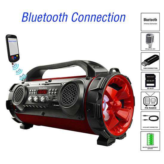 Boytone BT-50RD Portable Bluetooth Speaker, Indoor/Outdoor 2.1 Hi-Fi Cylinder Built-in 2 x 5 Subwoofer Boytone BT-50RD Portable Bluetooth Speaker, Indoor/Outdoor 2.1 Hi-Fi Cylinder Built-in 2 x 5 Subwoofer