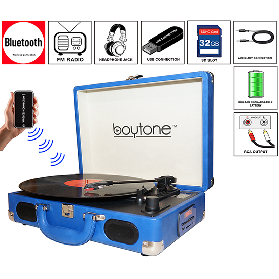 Boytone BT-101BL Bluetooth Turntable Briefcase Record player AC-DC, Built in Recharg Boytone BT-101BL Bluetooth Turntable Briefcase Record player AC-DC, Built in Recharg