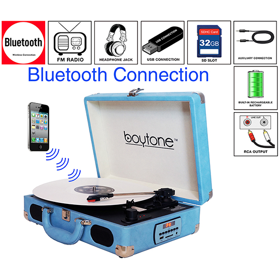 Boytone BT-101LB Bluetooth Turntable Briefcase Record player AC-DC, Built in Recharg Boytone BT-101LB Bluetooth Turntable Briefcase Record player AC-DC, Built in Recharg