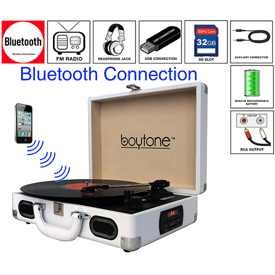 Boytone BT-101WT Bluetooth Turntable Briefcase Record player AC-DC, Built in Recharg Boytone BT-101WT Bluetooth Turntable Briefcase Record player AC-DC, Built in Recharg