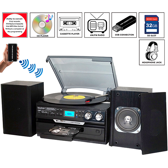 8-in-1 Boytone BT-24DJB with Bluetooth Connection, 3 Speed 33, 45, 78 Rpm, CD, Casse 8-in-1 Boytone BT-24DJB with Bluetooth Connection, 3 Speed 33, 45, 78 Rpm, CD, Casse