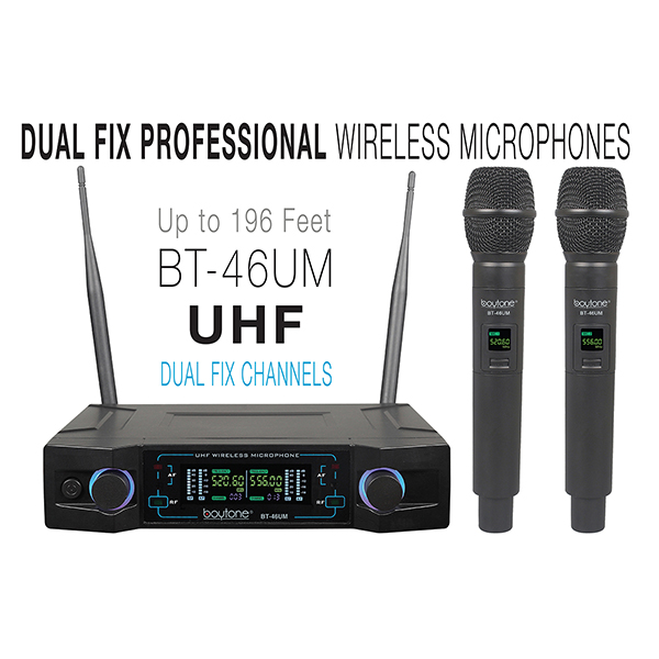 Boytone BT-46UM UHF Digital Channel Wireless Microphone System Dual Fixed Frequency Wireless Boytone BT-46UM UHF Digital Channel Wireless Microphone System Dual Fixed Frequency Wireless