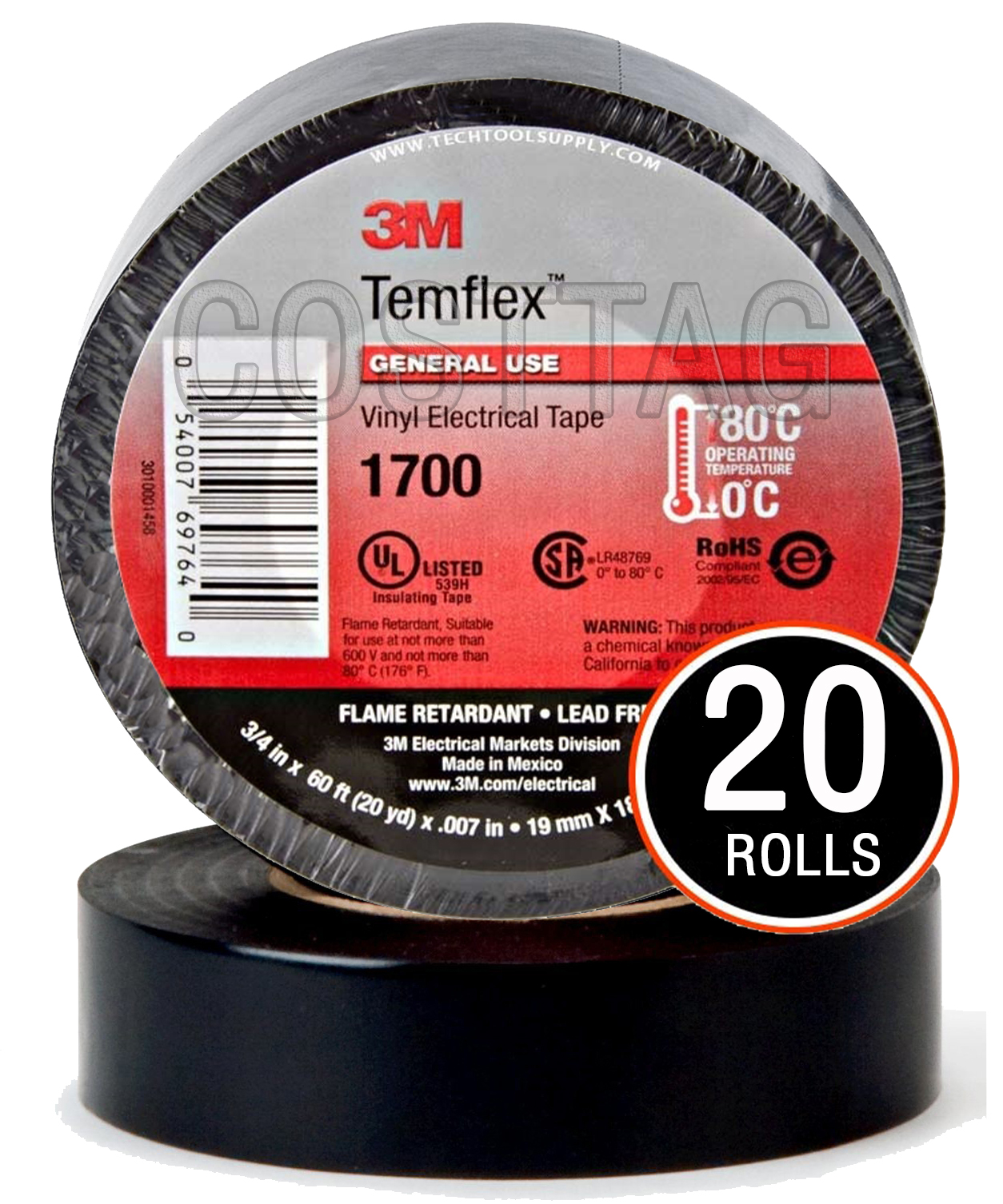 20 ROLLS 3M ELECTRICAL TAPE UL, BLACK 3/4’’ x 60 FT GENUINE TEMELEX