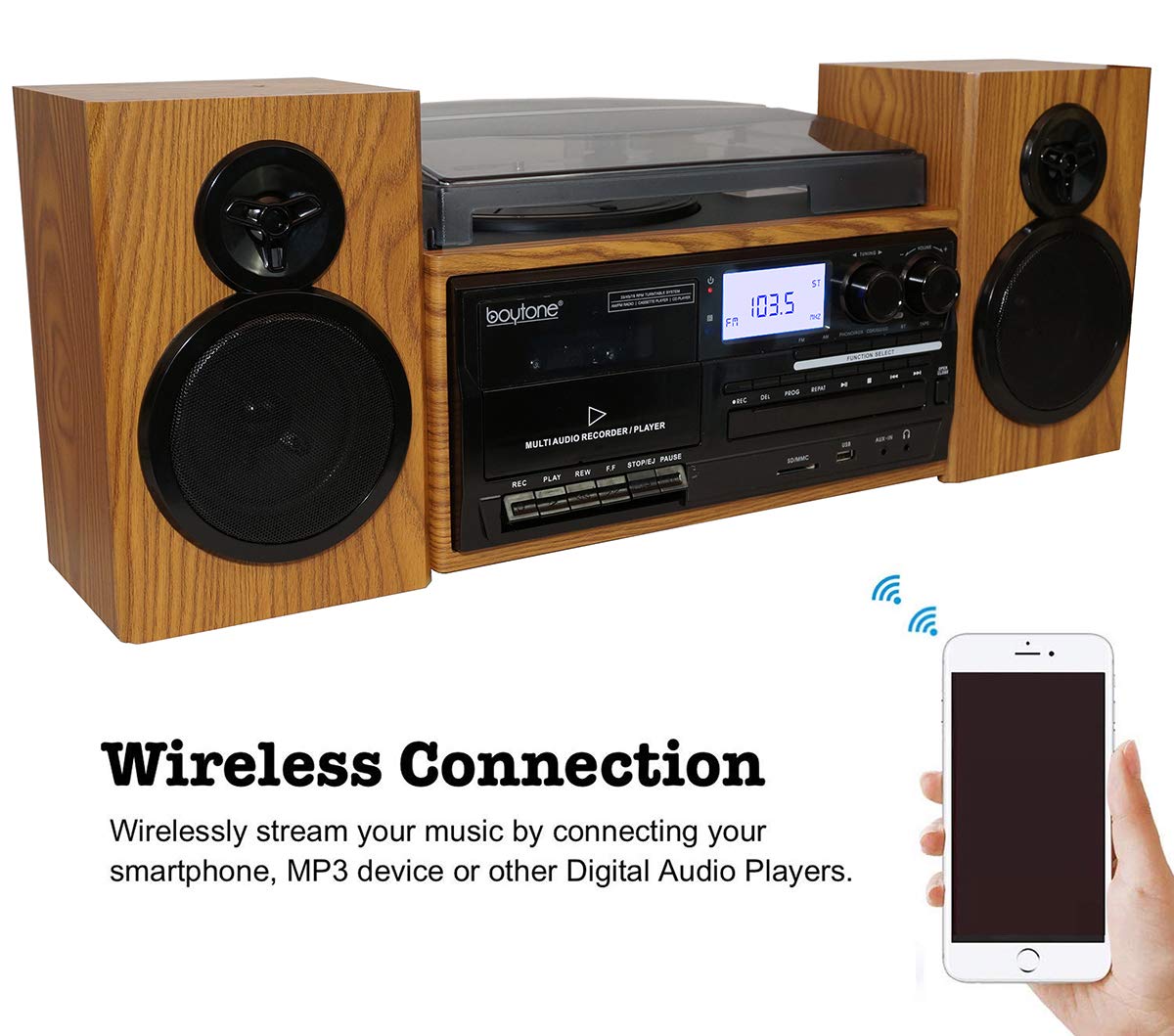 Boytone BT-28SPW, Bluetooth Classic Style Record Player Turntable with AM/FM Radio,