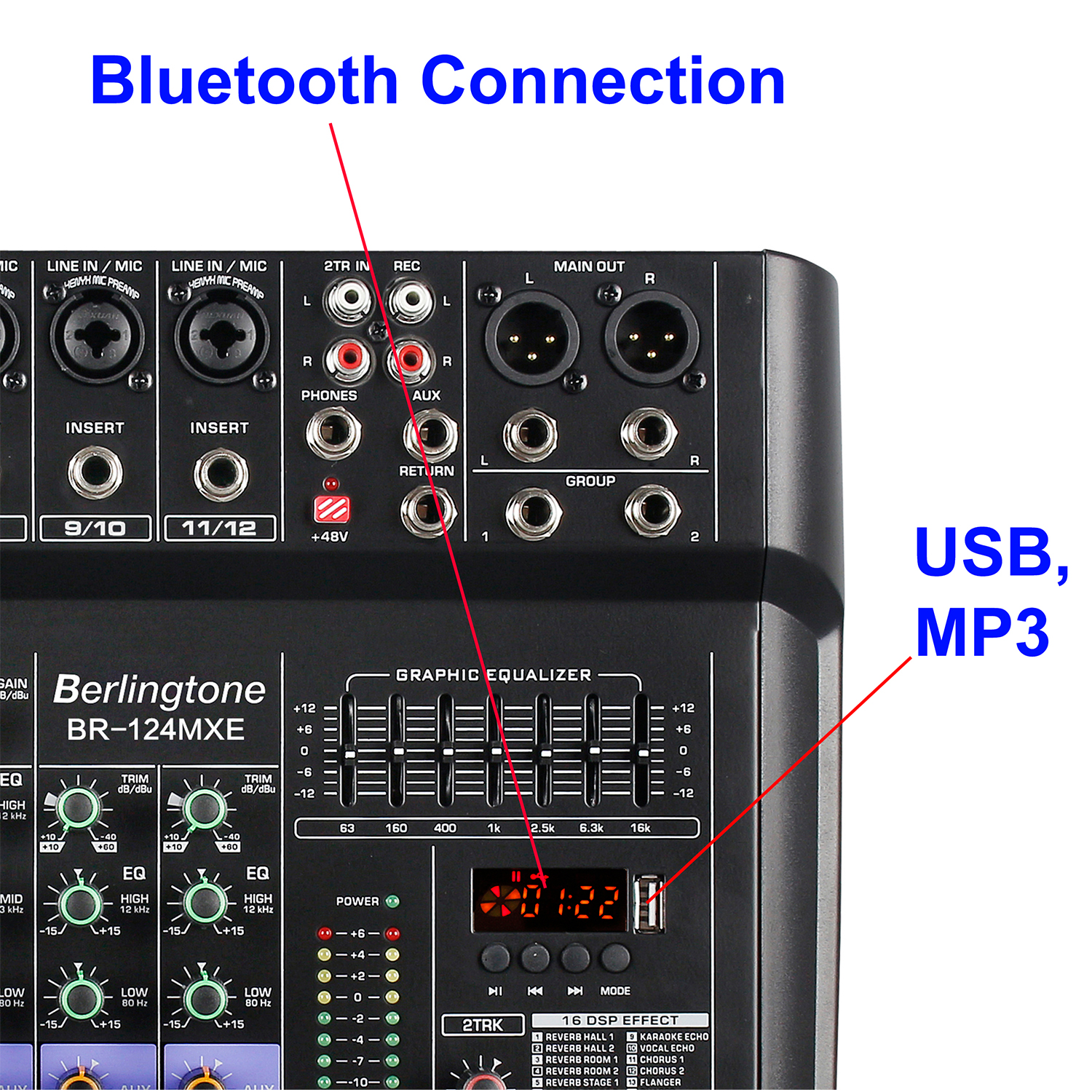 Berlingtone BT-124MX, Professional 12 - Channel Bluetooth Studio Audio Mixer - DJ Sound Controller Interface w/ USB Drive for PC Recording Input, RCA, XLR Microphone Jack, 7 Band EQ, 16BIT Digital Mul