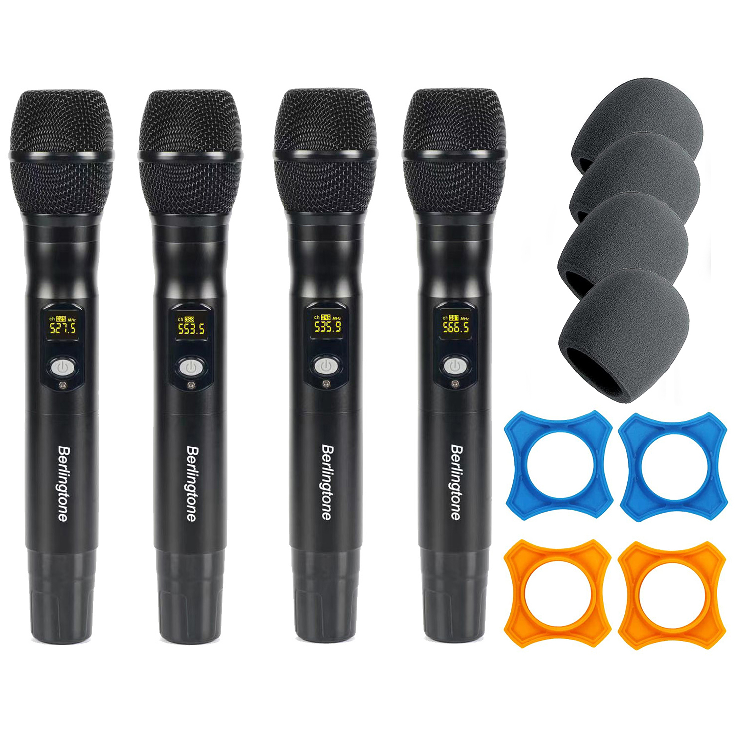 Berligtone BR-400UM Professional Wireless Microphone System, 4-Channel UHF Wireless Mic, Fixed Frequency Metal Cordless Mic with 4 Handheld Dynamic Microphones