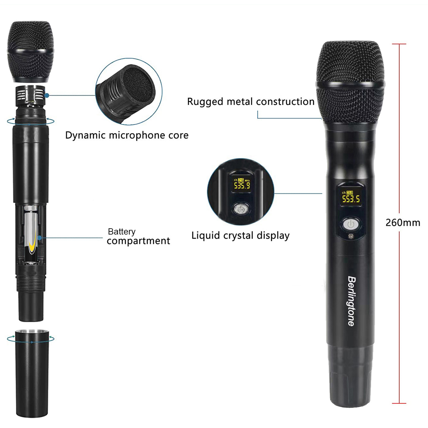 Berligtone BR-400UM Professional Wireless Microphone System, 4-Channel UHF Wireless Mic, Fixed Frequency Metal Cordless Mic with 4 Handheld Dynamic Microphones