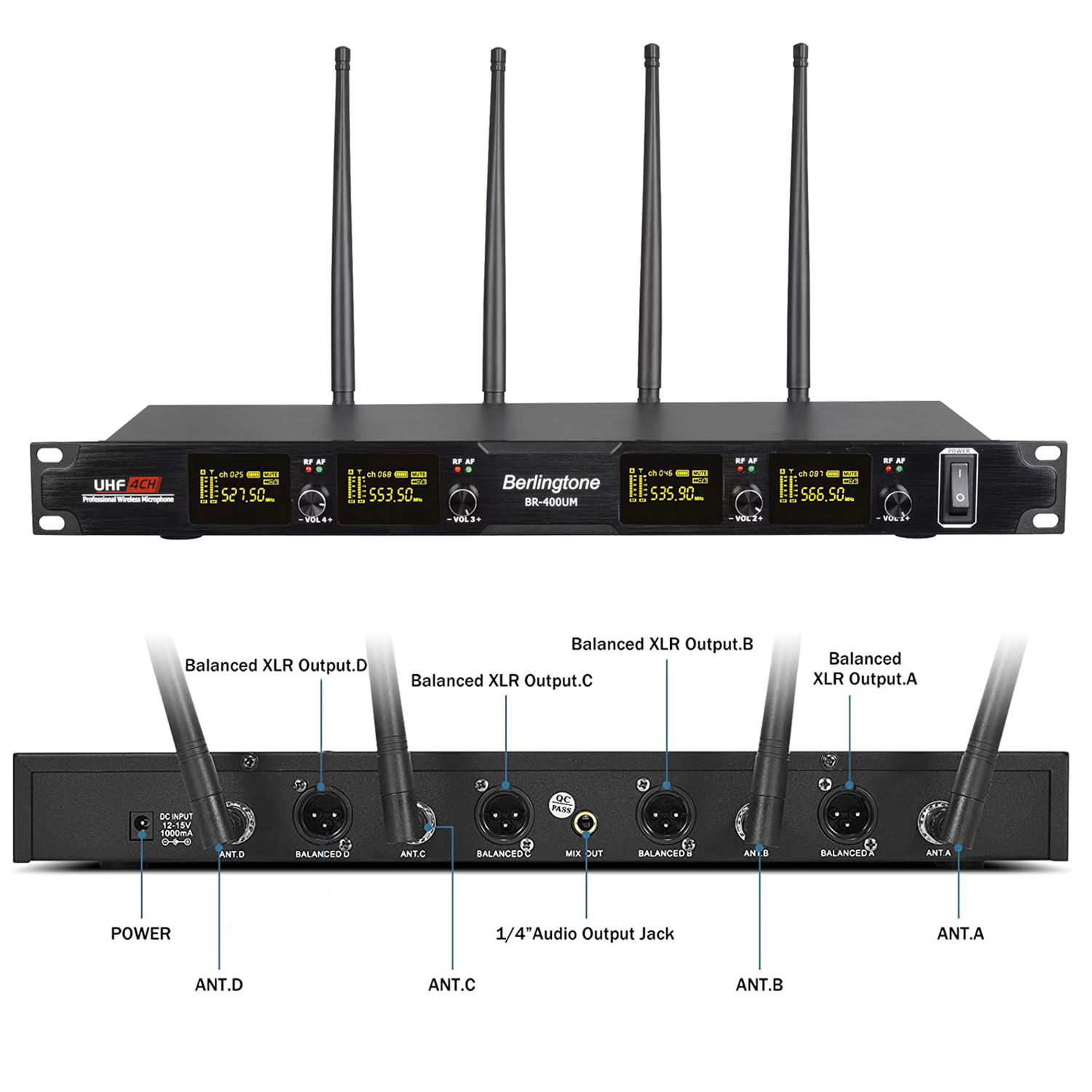 Berligtone BR-400UM Professional Wireless Microphone System, 4-Channel UHF Wireless Mic, Fixed Frequency Metal Cordless Mic with 4 Handheld Dynamic Microphones