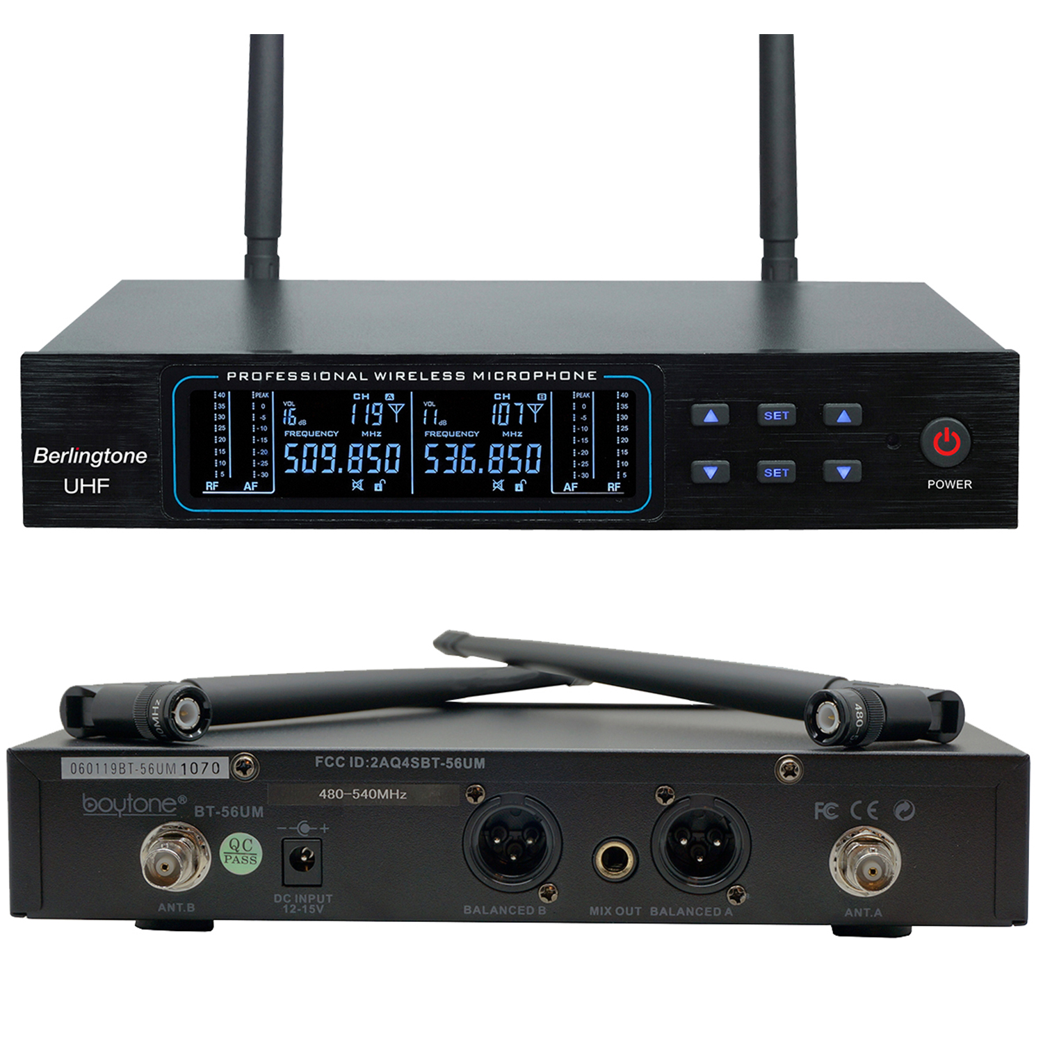 Berlingtone BR-56UM 120- Adjustable Channel Dynamic Dual UHF Wireless Microphone System, Metal Mic, Base