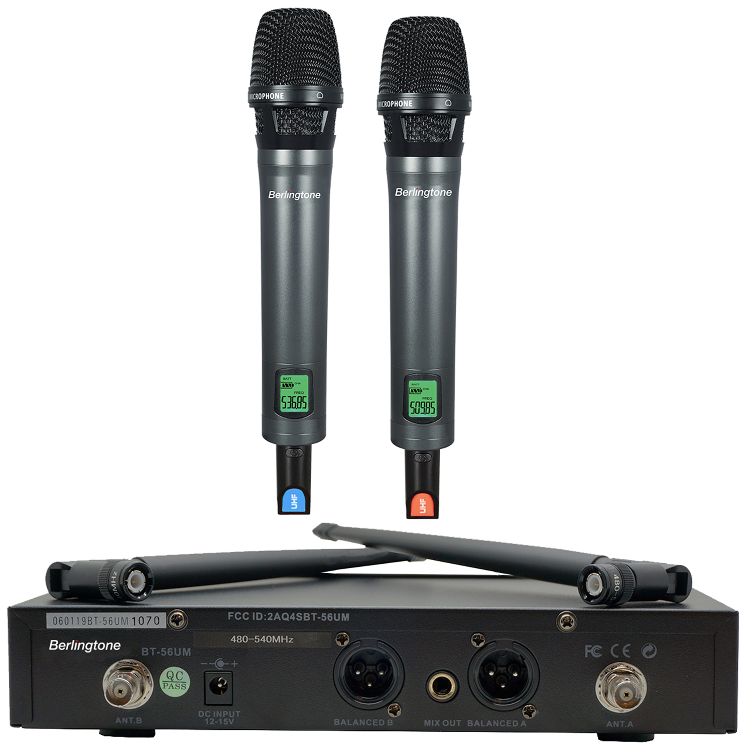 Berlingtone BR-56UM 120- Adjustable Channel Dynamic Dual UHF Wireless Microphone System, Metal Mic, Base
