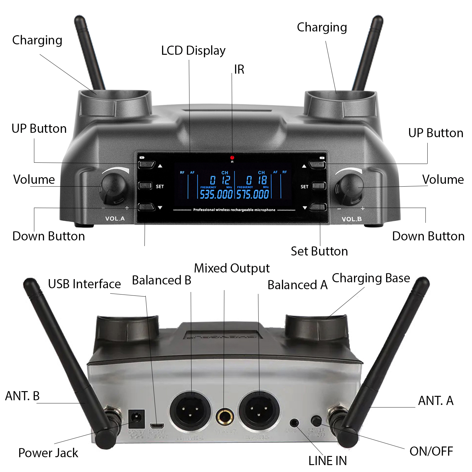 Berlingtone BR-60UM Wireless Microphone System Dual Wireless Mics, Magnetic rechargeable Charging battery, 2 Handheld Dynamic Microphones, 2x100 Adjustable UHF Channels, Auto Scan, up to 200ft Range