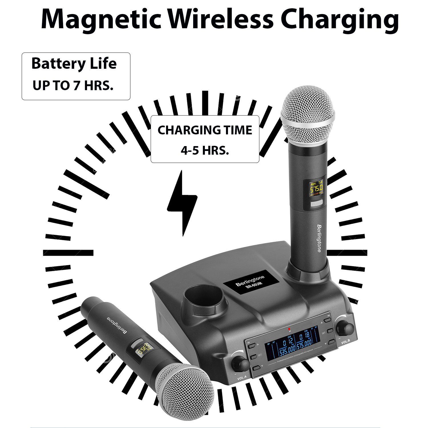 Berlingtone BR-60UM Wireless Microphone System Dual Wireless Mics, Magnetic rechargeable Charging battery, 2 Handheld Dynamic Microphones, 2x100 Adjustable UHF Channels, Auto Scan, up to 200ft Range