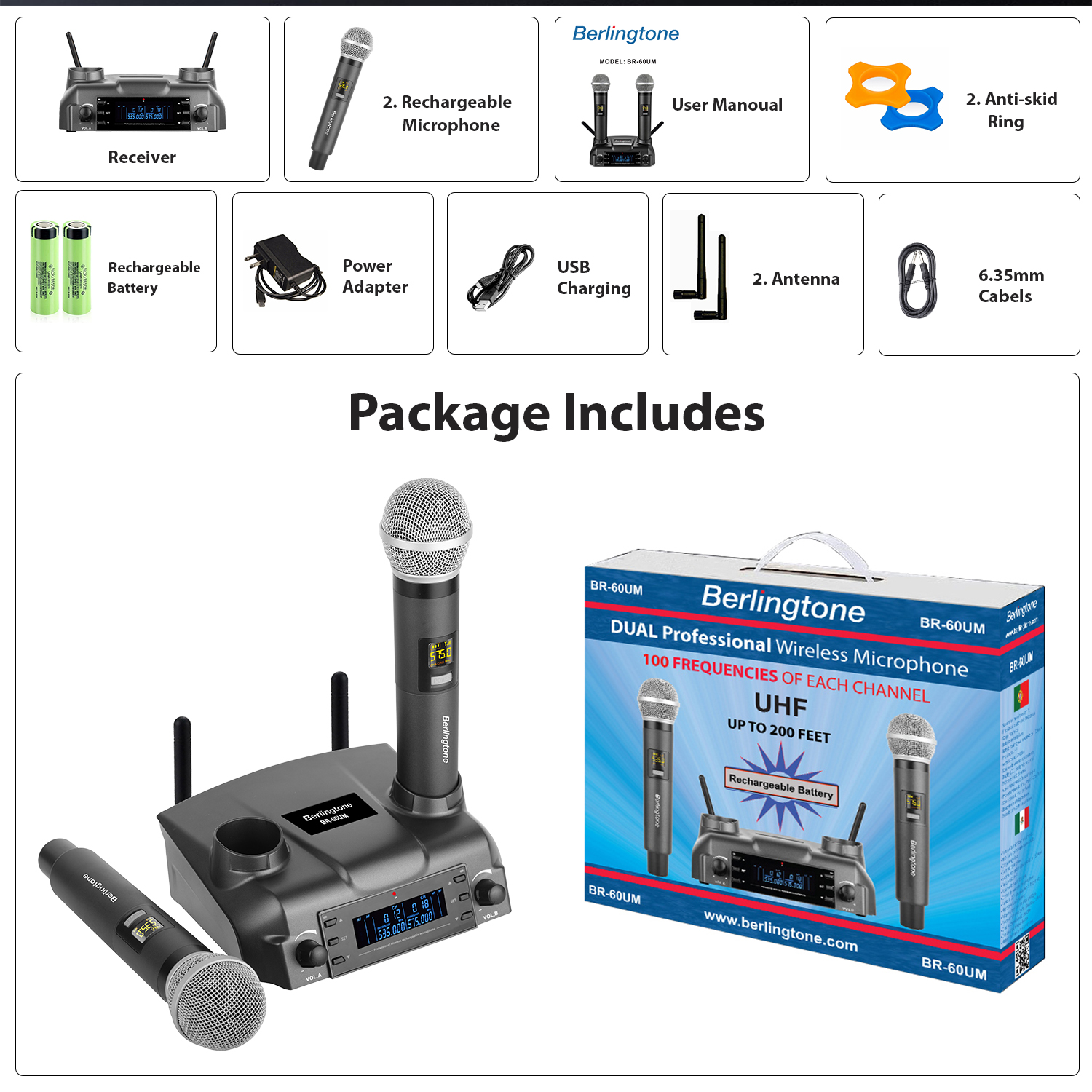 Berlingtone BR-60UM Wireless Microphone System Dual Wireless Mics, Magnetic rechargeable Charging battery, 2 Handheld Dynamic Microphones, 2x100 Adjustable UHF Channels, Auto Scan, up to 200ft Range