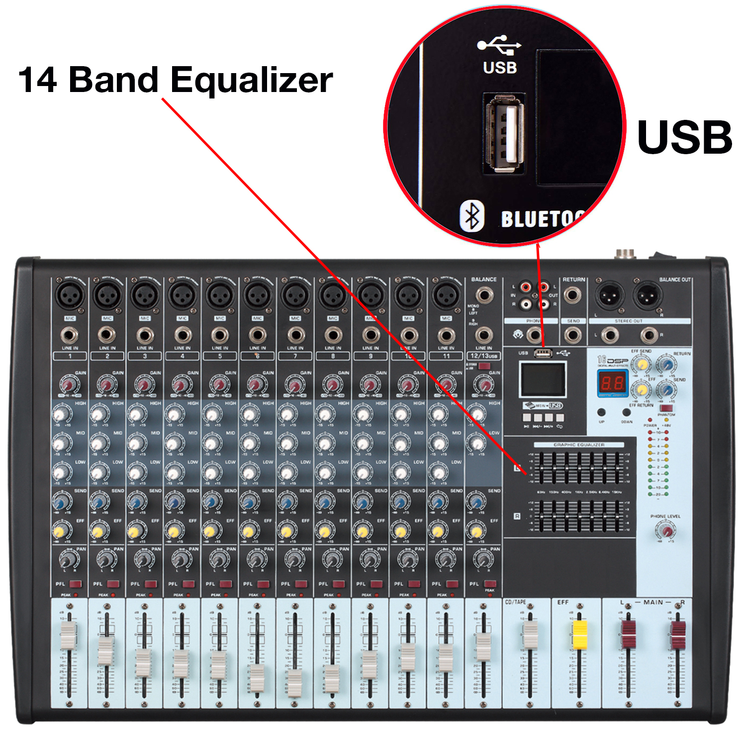 12-Channel Bluetooth Studio Audio Mixer - DJ Sound Controller Interface w/ USB Drive for PC Recording Input, RCA, XLR Microphone Jack, 14 EQ, 16BIT Digital Multi Effect Processor