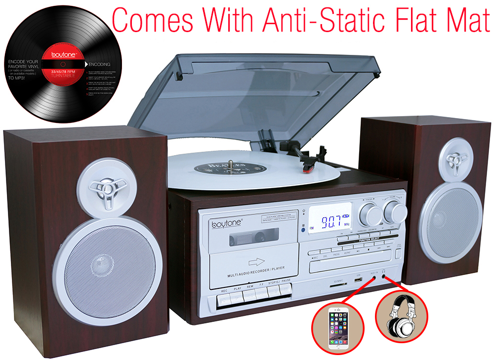 Boytone BT-28SPS, Bluetooth Classic Style Record Player Turntable with AM/FM Radio,