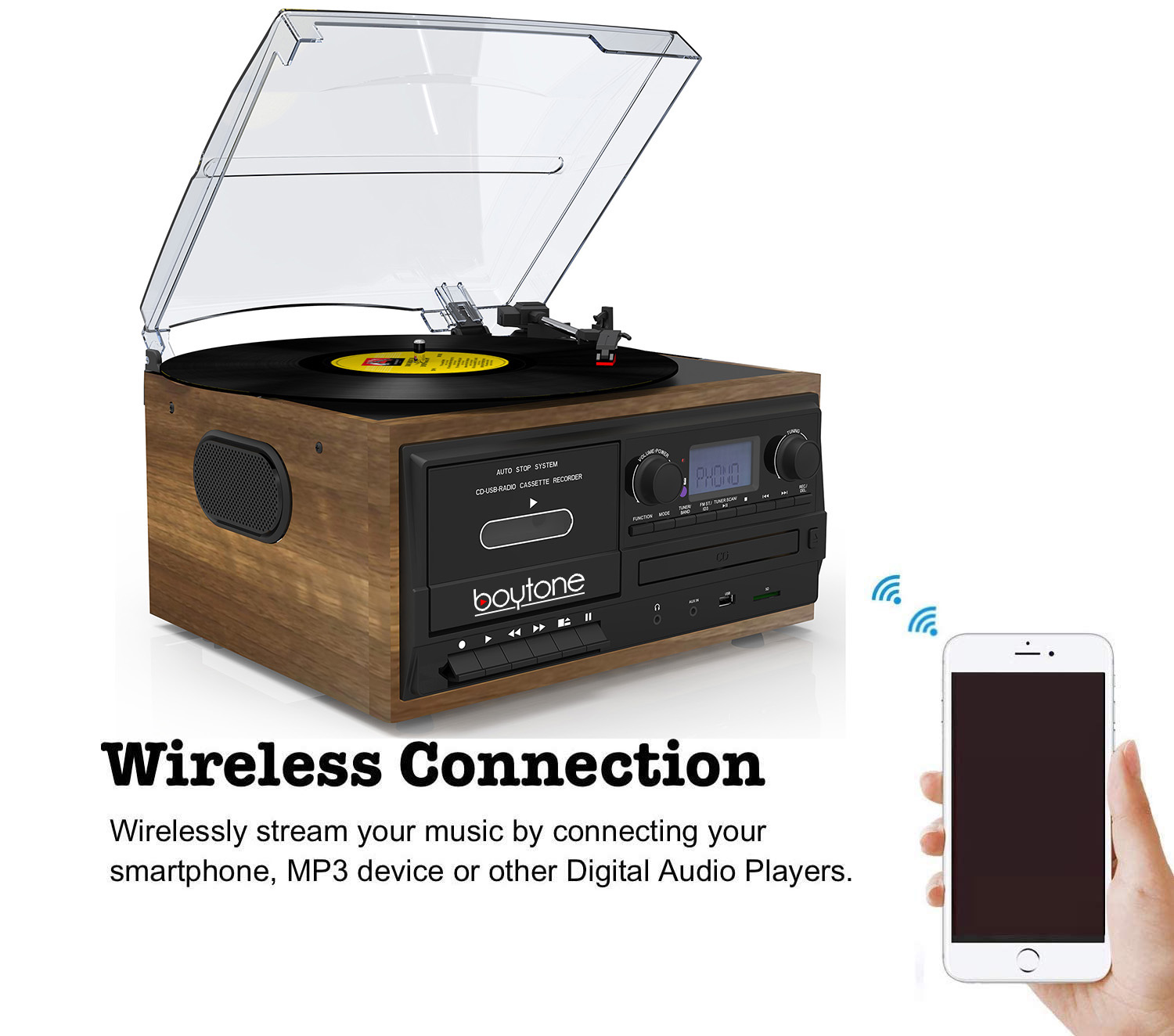 Boytone BT-32W, Bluetooth Record Player Turntable, AM/FM Radio, Cassette, CD Player, 2 Built in Speaker, Ability to Convert Vinyl, Radio, Cassette, CD to MP3 Without a Computer, SD Slot, USB, AUX