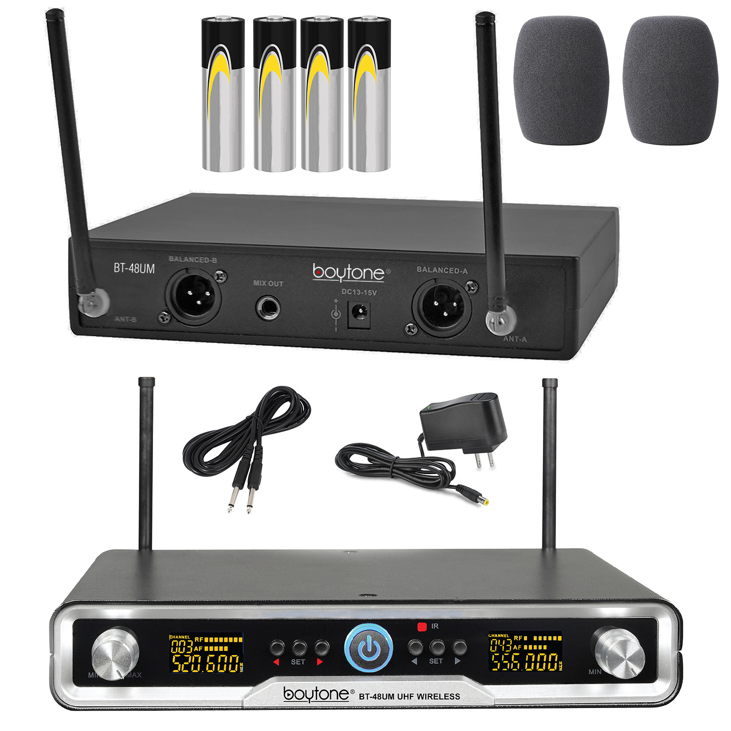 Boytone BT-48UM 100 Channels Pro Dual UHF Wireless Digital Metal Microphone-Base System, 2 Handheld