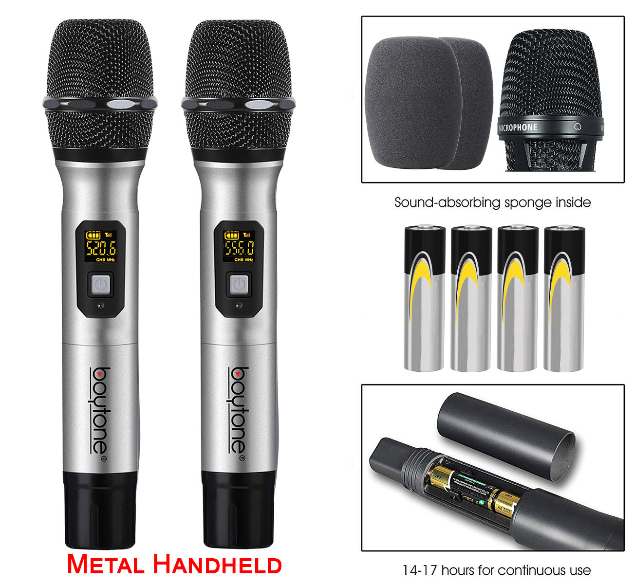 Boytone BT-48UM 100 Channels Pro Dual UHF Wireless Digital Metal Microphone-Base System, 2 Handheld