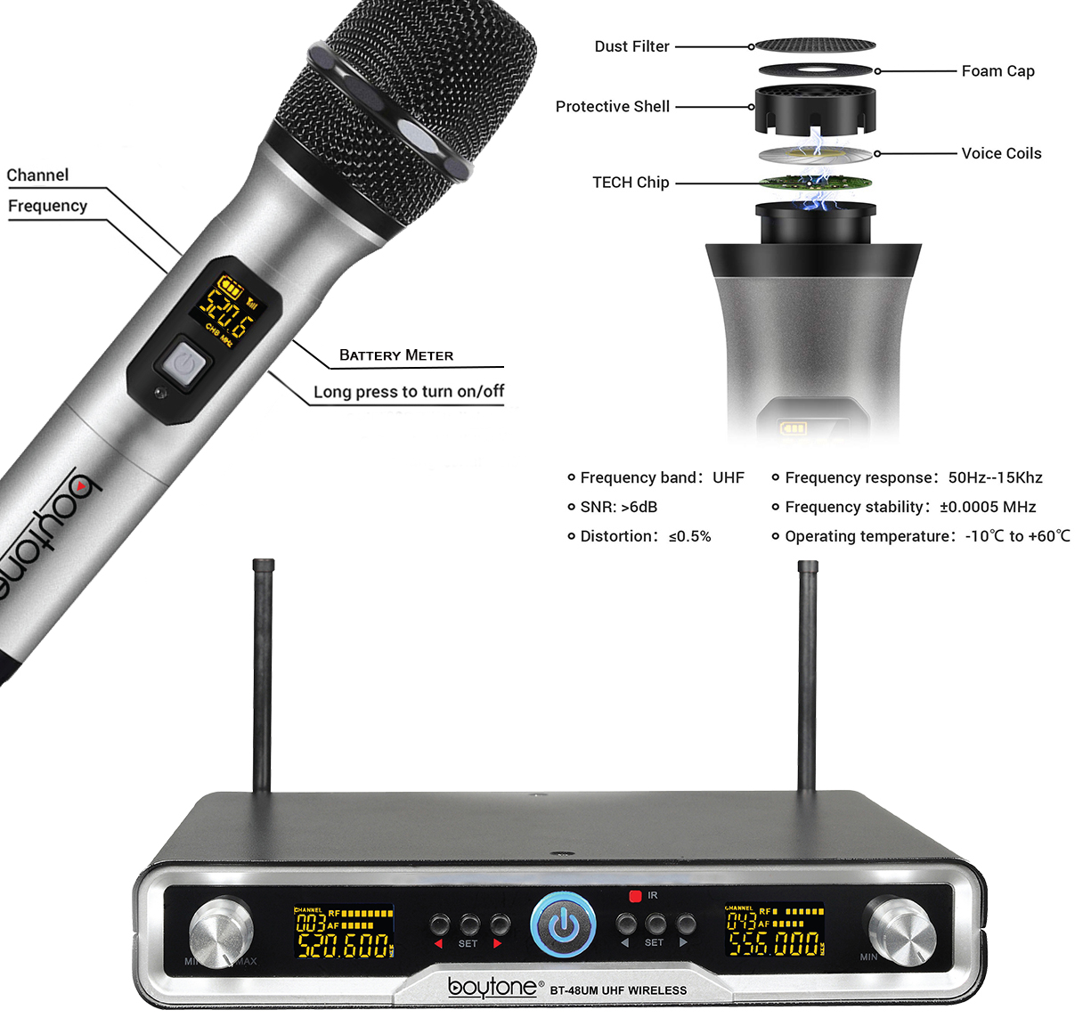 Boytone BT-48UM 100 Channels Pro Dual UHF Wireless Digital Metal Microphone-Base System, 2 Handheld