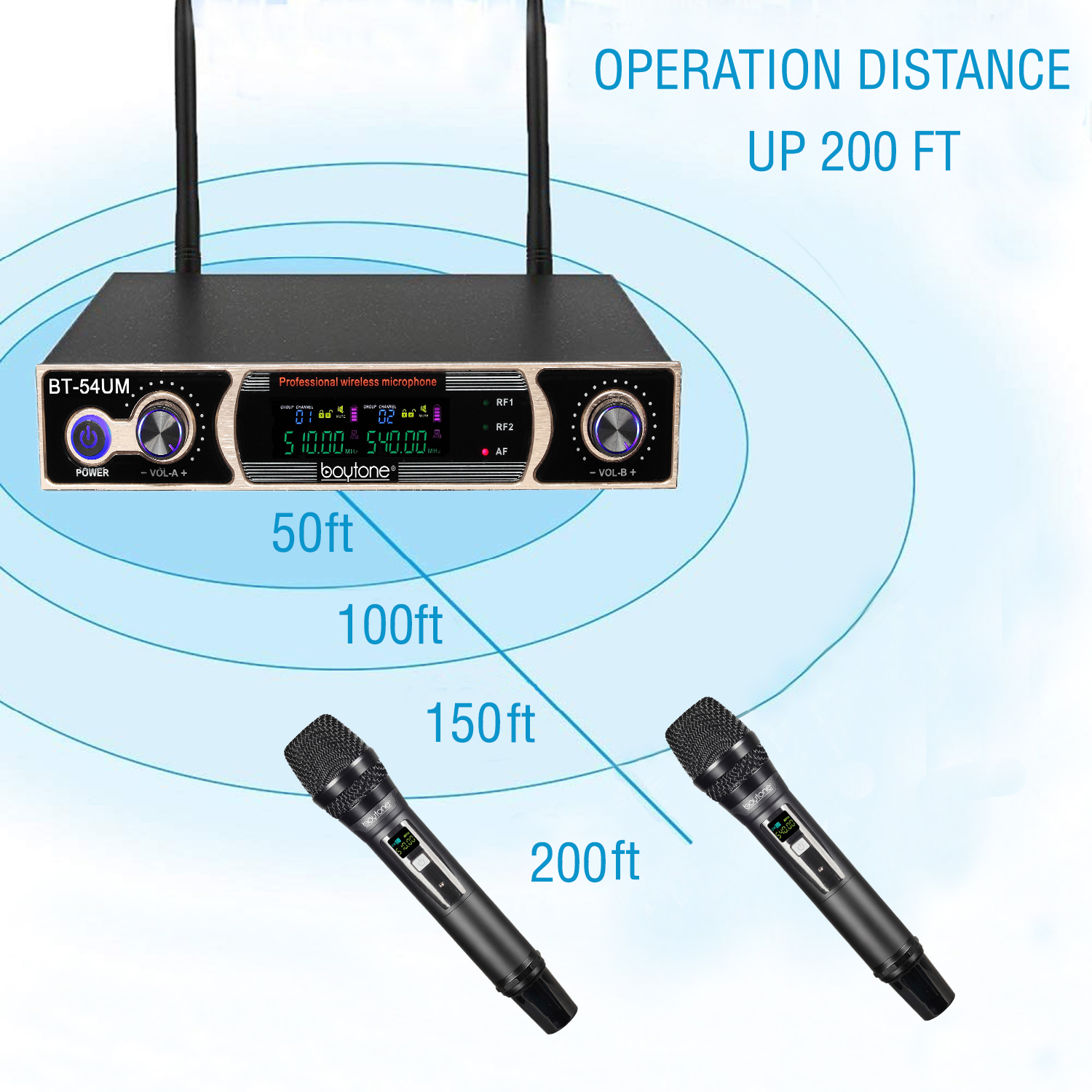 Boytone BT-54UM Dual Dynamic UHF Wireless Microphone System, Metal Microphone and Base, up to 200 FT