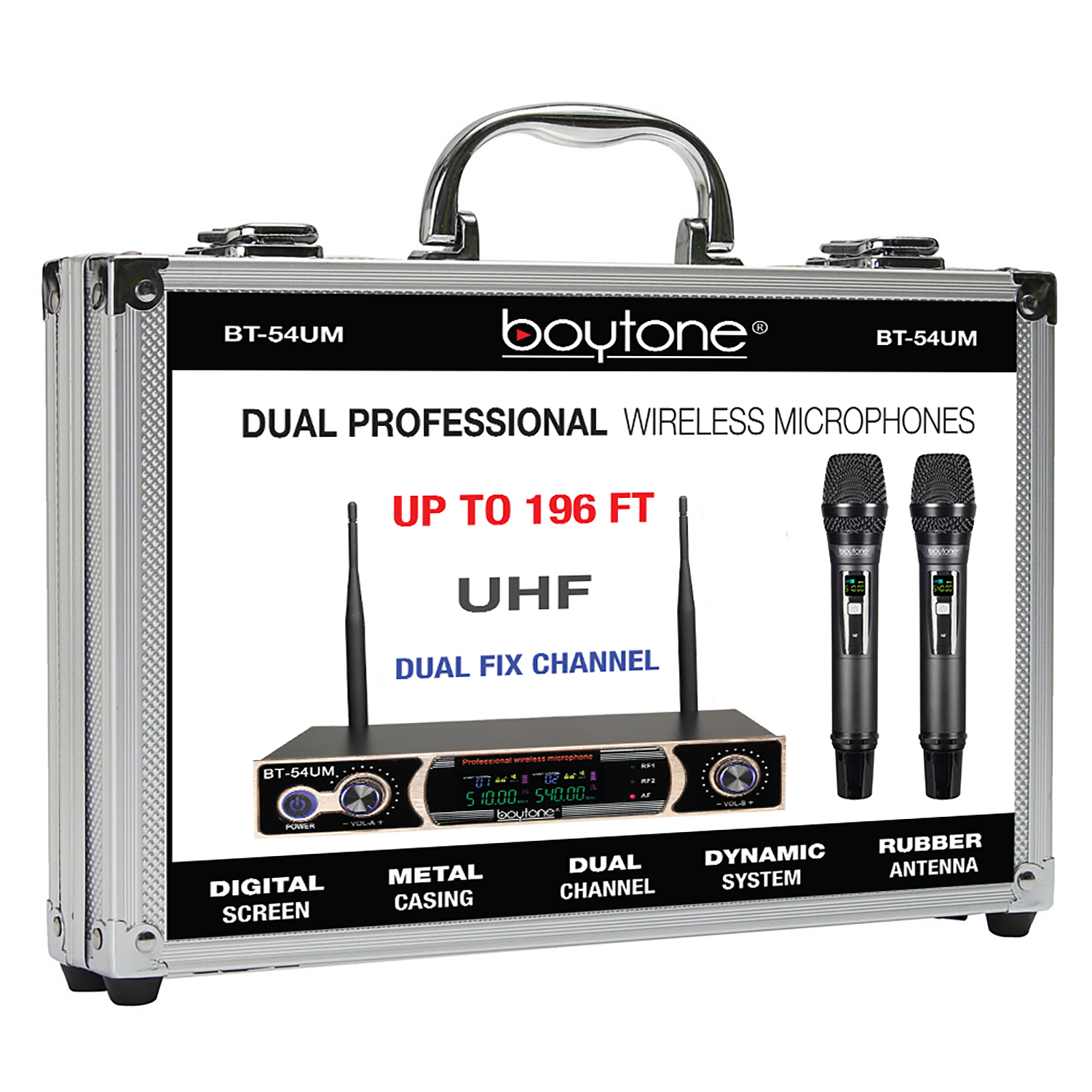 Boytone BT-54UM Dual Dynamic UHF Wireless Microphone System, Metal Microphone and Base, up to 200 FT