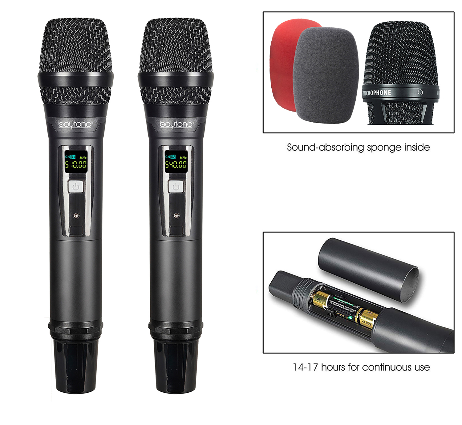 Boytone BT-54UM Dual Dynamic UHF Wireless Microphone System, Metal Microphone and Base, up to 200 FT