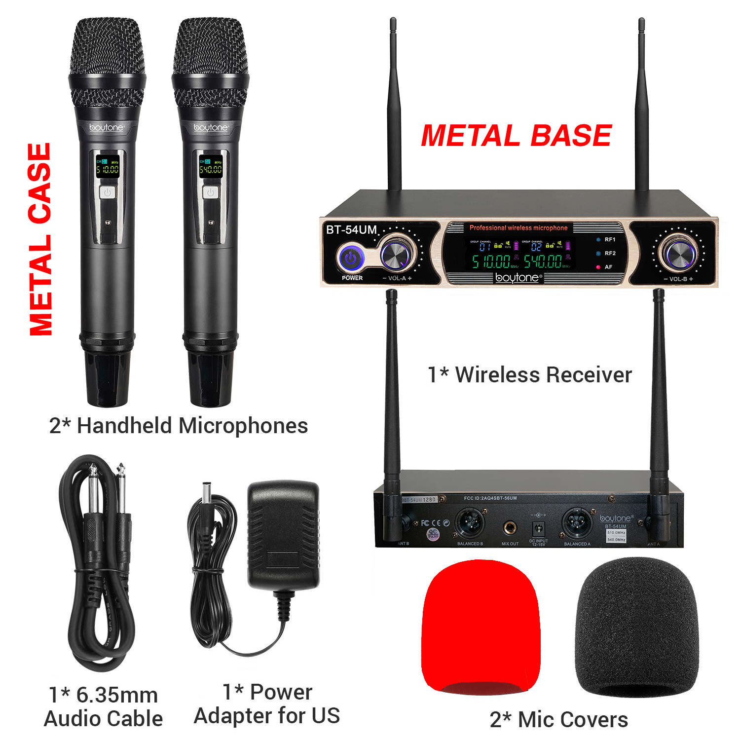 Boytone BT-54UM Dual Dynamic UHF Wireless Microphone System, Metal Microphone and Base, up to 200 FT