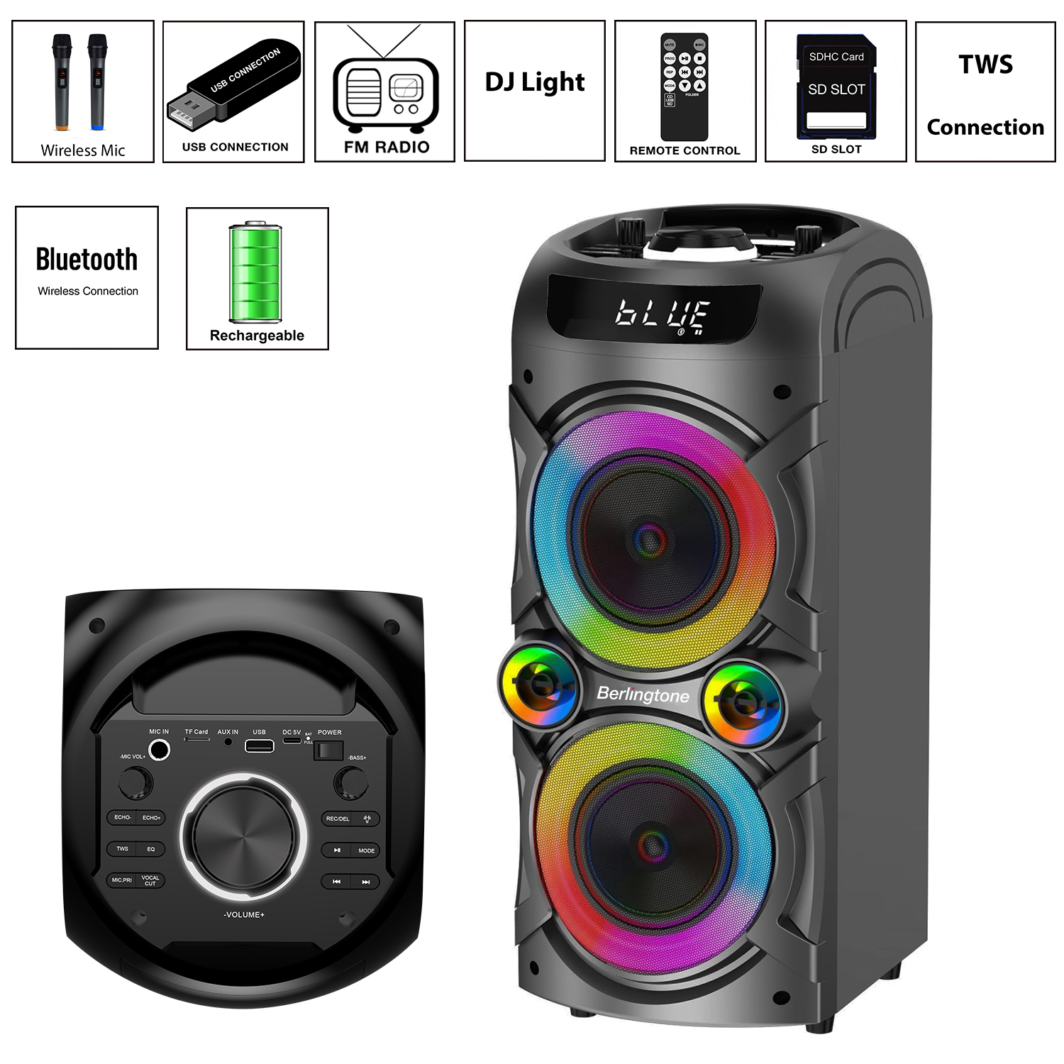 Berlingtone BR-37K, Bluetooth Speaker with Karaoke function with 2 VHF Wireless Microphones Berlingtone BR-37K, Bluetooth Speaker with Karaoke function with 2 VHF Wireless Microphones