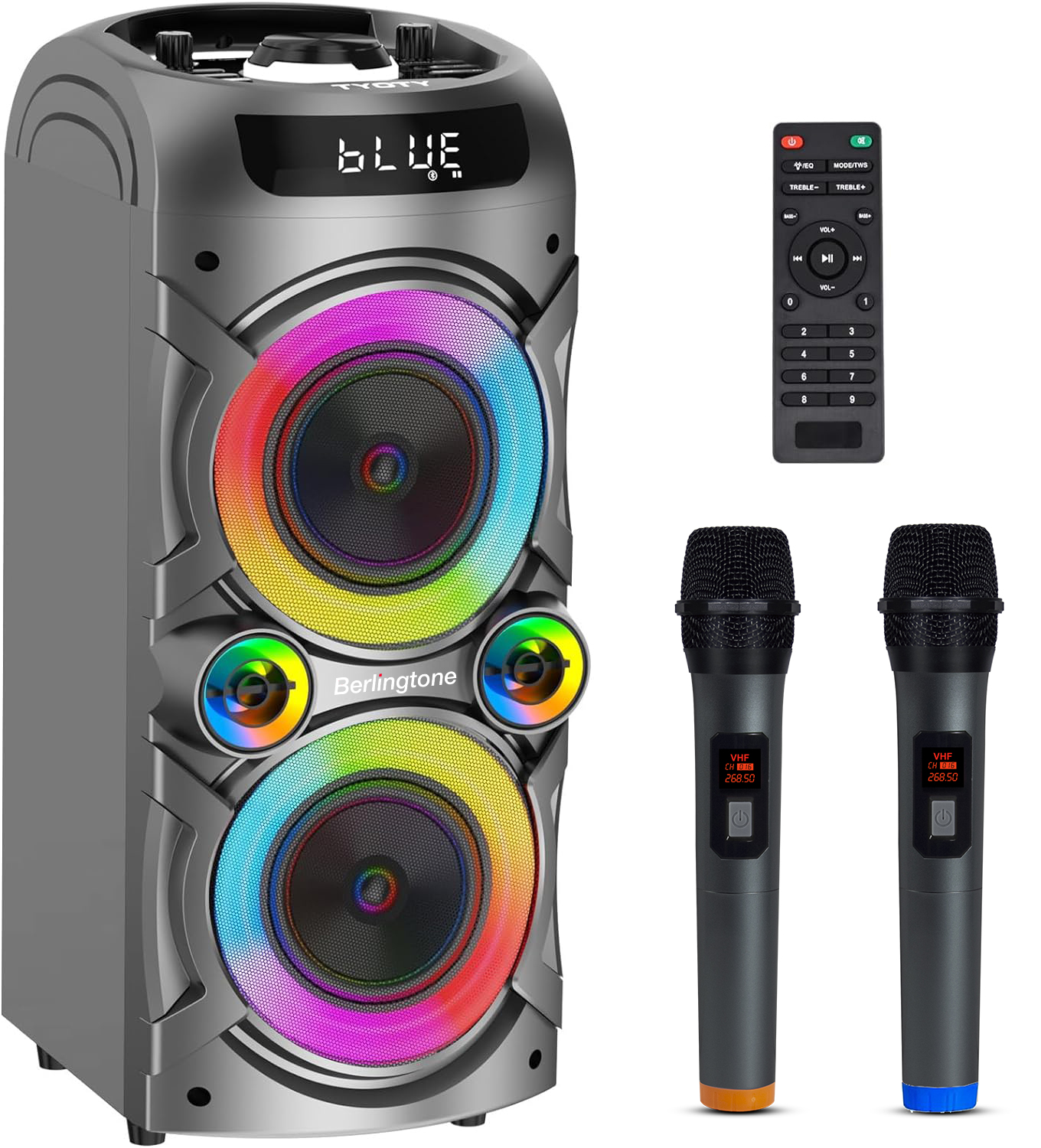 Berlingtone BR-37K, Bluetooth Speaker with Karaoke function with 2 VHF Wireless Microphones