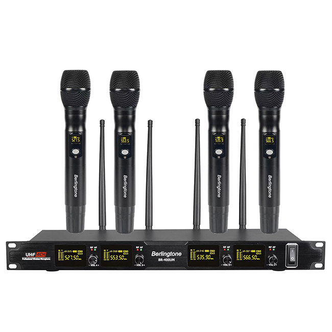 Berligtone BR-400UM Professional Wireless Microphone System, 4-Channel UHF Wireless Mic, Fixed Frequency Metal Cordless Mic with 4 Handheld Dynamic Microphones