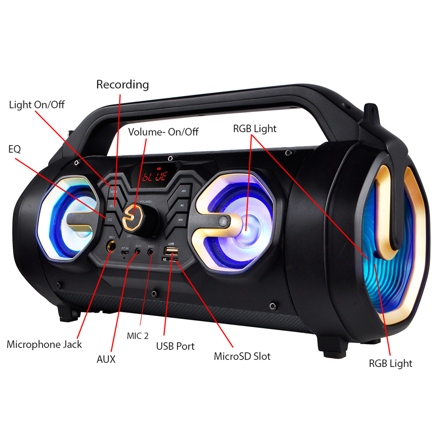 Boytone BT-16S Portable Bluetooth Boombox Speaker, Indoor/Outdoor 2.1 Hi-Fi Cylinder Loud Sound Built-in 5