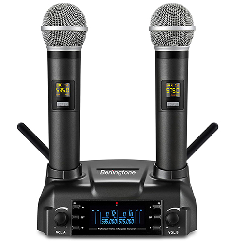 Berlingtone BR-60UM Wireless Microphone System Dual Wireless Mics, Magnetic rechargeable Charging battery, 2 Handheld Dynamic Microphones, 2x100 Adjustable UHF Channels, Auto Scan, up to 200ft Range